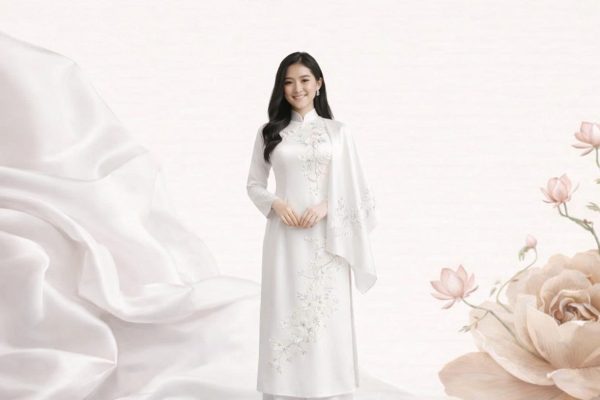 Áo dài trắng thêu hoa thanh lịch