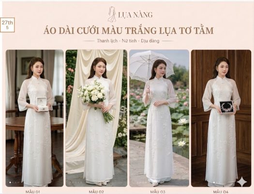 Áo dài cưới màu trắng lụa tơ tằm