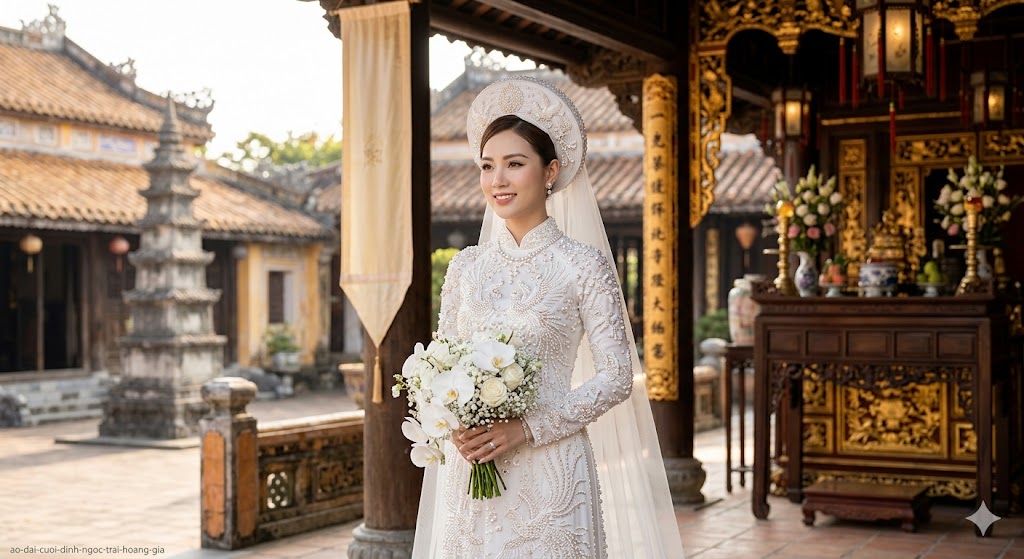 Mẫu áo dài cưới đính ngọc trai cao cấp lấy cảm hứng từ hoàng gia