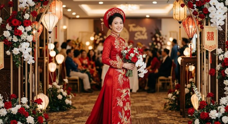 Trang phục: Cô dâu mặc một bộ áo dài cưới màu đỏ rực rỡ bằng chất liệu lụa hoặc gấm cao cấp. Thân áo được thêu họa tiết chim phượng hoàng và mây ngũ sắc bằng chỉ vàng vô cùng tinh xảo dọc theo tà áo và cổ tay.