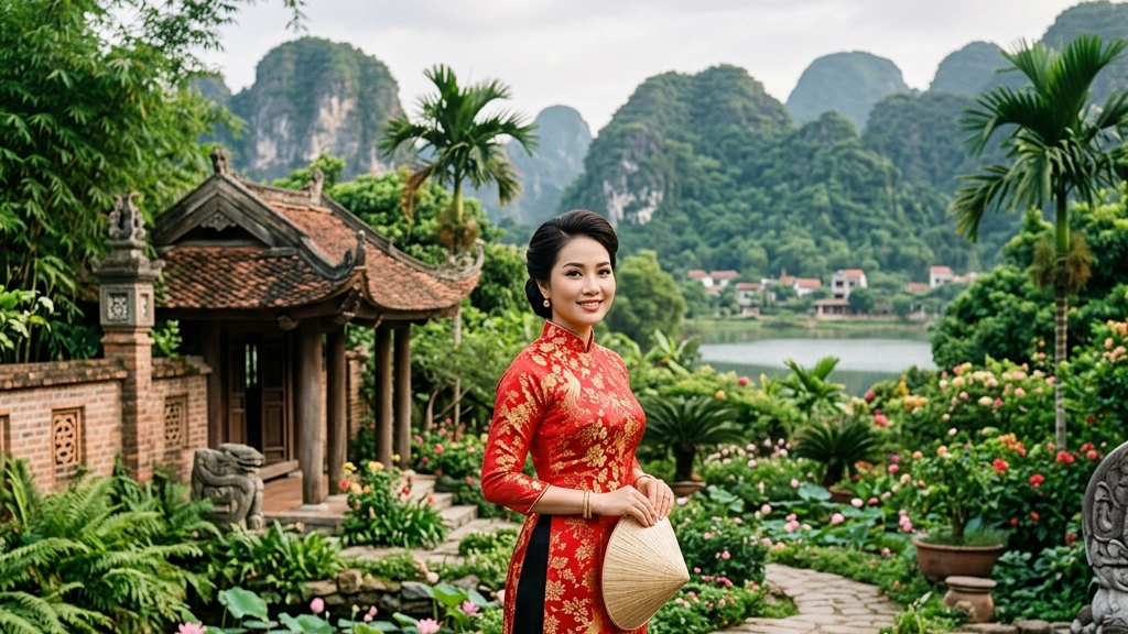 Cách phối quần lụa ống rộng với áo dài gấm cách tân