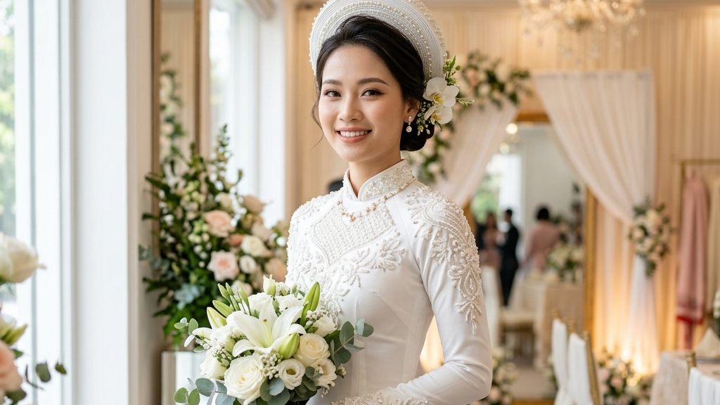 Mua áo dài cưới lụa tơ tằm đính kết ngọc trai thủ công