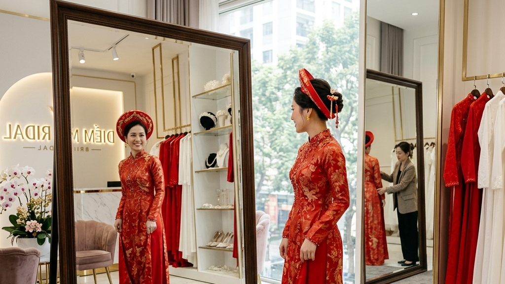 Mua Áo Dài Cưới Sẵn Mua áo dài cưới gấm đỏ dệt hoa văn chìm sang trọng